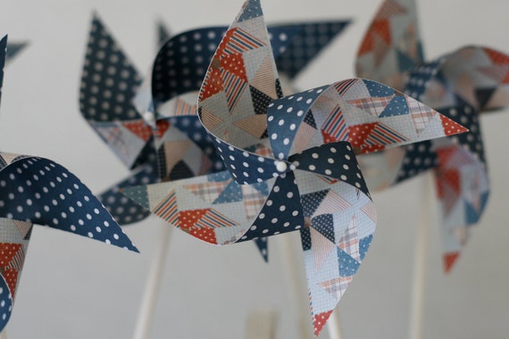 Patriotic pinwheels, memorial day Nautical Cupcake toppers Patriotic Fourth of July 4th 12 Mini Spinnable Pinwheels Pinwheel Parade Il_570xn