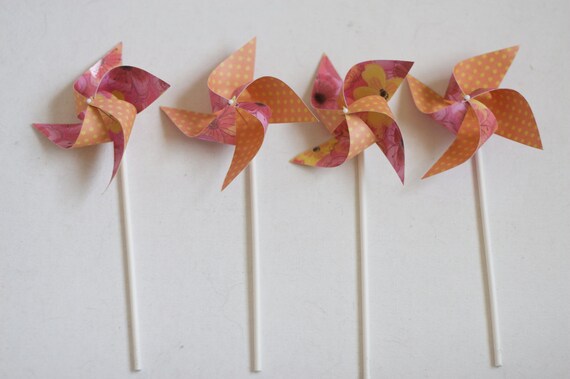 Pink and orange Party Decorations, Wedding party decorations, Favors 12 Mini Orange and PInk Spinnable Pinwheels (custom orders welcomed) Il_570xn