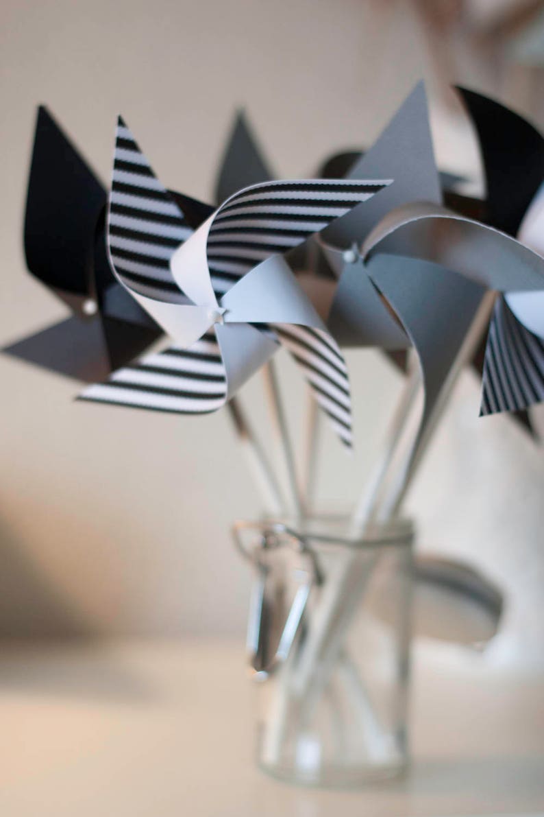 custom orders welcomed Black and White decorations Black White and Grey Wedding Wedding favor paper goods 12 Mini Pinwheels Black Tie