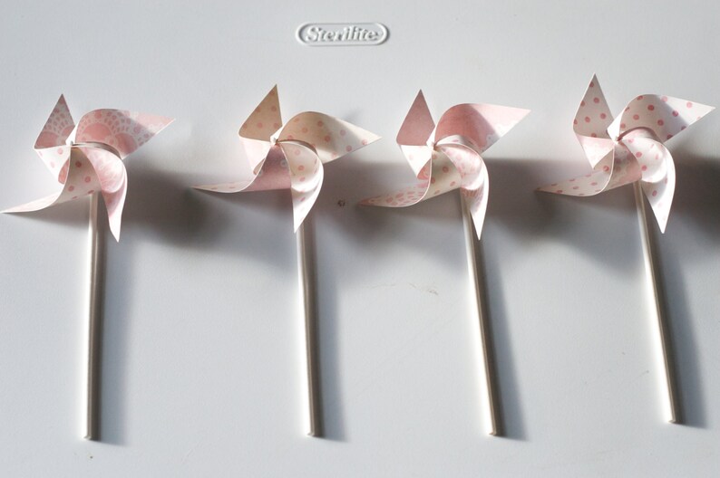 12 Mini Pinwheels Custom orders welcomed Pink Lemonade Wedding favor Birthday favor Pale Pink and White