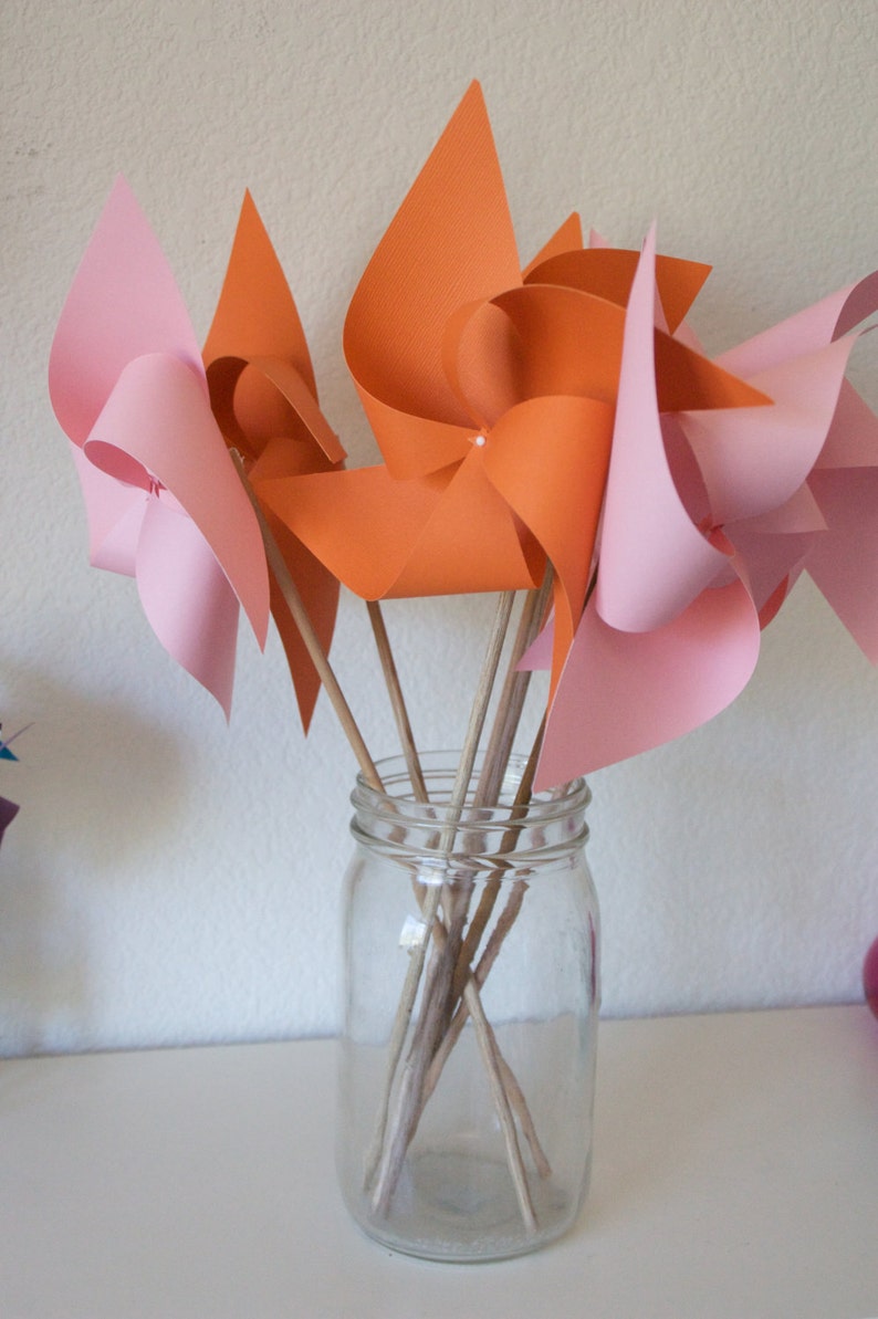 Orange and Pink Decor Baby Shower Favors Wedding Favors Decor Birthday Favors 6 regular Paper Pinwheels image 4