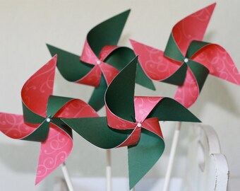 Holiday and Christmas Decorations, PINWHEELS Holiday Party favor Pinwheels, Green and red decor -12 Mini Pinwheels (Custom orders welcomed)