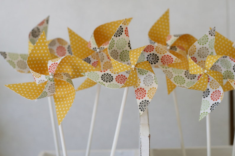 Gender neutral Baby Shower decorations, Wedding Shower Pinwheels 12 Mini Pinwheels Yellow Sunrise custom orders welcomed image 1