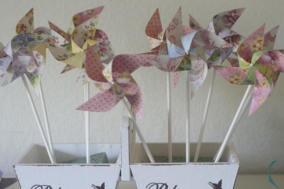 Wedding Decoration Centerpieces, Wedding favor Pinwheels vintage inspired wedding themed -12 Mini Pinwheels Vintage (Custom orders welcomed) Il_570xn