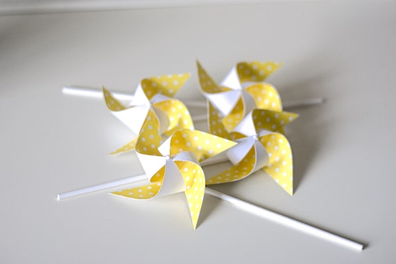 You are My Sunshine, yellow wedding favors, yellow wedding, yellow party favors, yellow and white polka dot party 12 Mini Yellow pinwheels Il_570xn
