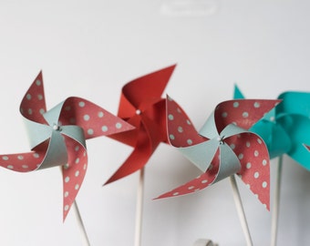 Inspired by Dr. Seus Dr. S Red and Aqua birthday Wedding favor Pinwheels  -12 Mini Pinwheels wedding favors (Custom orders welcomed)