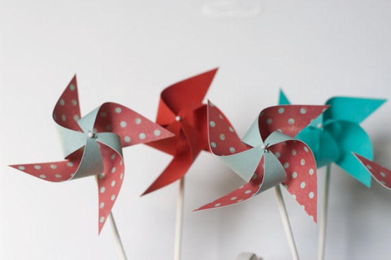 Inspired by Dr. Seus Dr. S Red and Aqua birthday Wedding favor Pinwheels -12 Mini Pinwheels wedding favors (Custom orders welcomed) Il_570xn