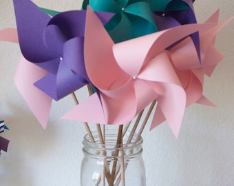 Princess Party Decor, Baby Shower Favors, Pink, teal  Wedding Favors, tea party Decor Birthday Favors - 6 regular size Paper Pinwheels