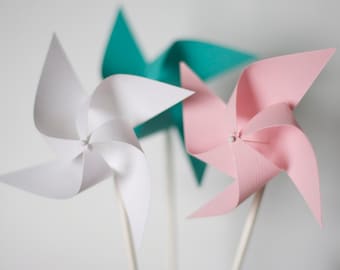 Favor 12 Mini Twirling Pinwheels blue, Pink and White Pinwheels Baby Shower Decor Wedding Favors (Custom orders welcomed)