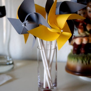 Yellow Wedding favor Birthday favor Yellow and Grey 12 Mini Pinwheels Custom orders welcomed image 2