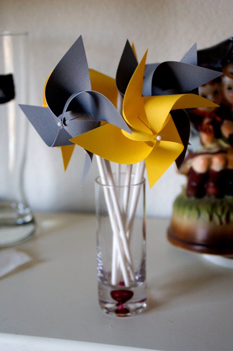 Yellow Wedding favor Birthday favor Yellow and Grey 12 Mini Pinwheels Custom orders welcomed image 2