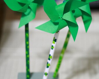St. Patrick's day decoration, St. Patrick's Day Decor, Green Shamrock St. Patrick's Day 6 Mini Pinwheel pencils (Custom orders welcomed)