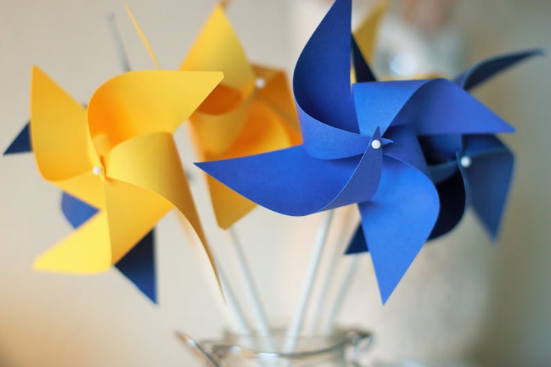 Beauty and the Beast Favors, Beauty and the Beast Decoration, 12 mini pinwheels Blue and Yellow Wedding decorations, Custom orders welcomed image 1