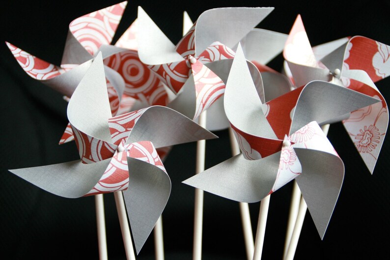 Send a Gift, Escort Card Pinwheels Red and Silver Pinwheels 12 Mini Modern Love Custom orders welcomed image 2