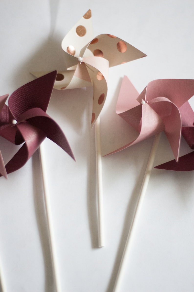 Rose Gold Wedding favor, Rose Gold Birthday Wedding Favors, Rose Gold Party Decorations 12 SPINNING Mini Pinwheels Custom orders welcomed image 5