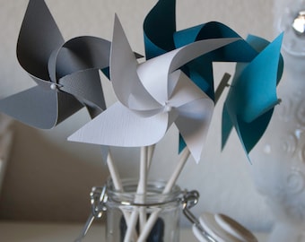 Airplane Party decorations, grey and blue Airplane favors, Pinwheels 12 Mini spinning Blue and Grey pinwheels  (Custom orders welcomed)