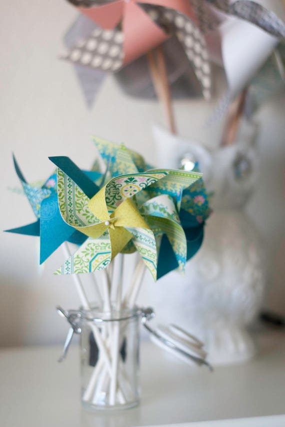 Cake Toppers Cupcake topper Wedding favor Birthday favor lime green and blue wedding Cake topper -12 Mini Pinwheels (Custom orders welcomed) Il_570xn