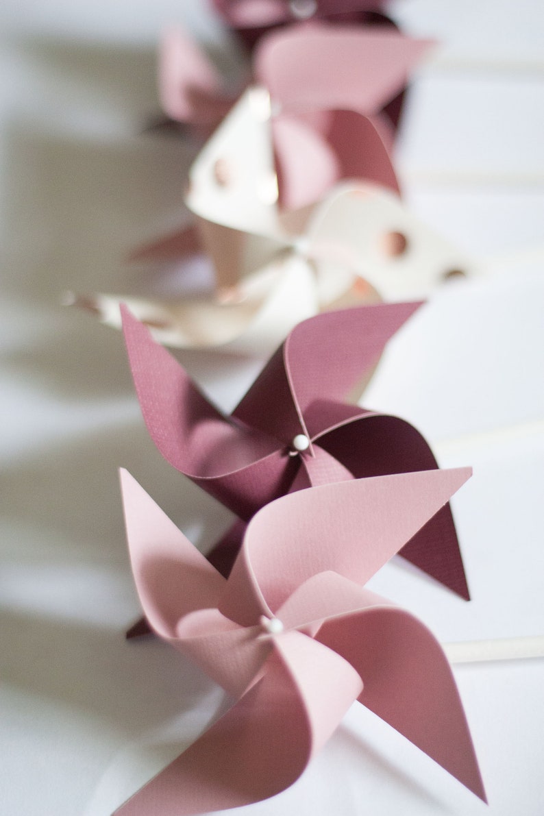 Rose Gold Wedding favor, Rose Gold Birthday Wedding Favors, Rose Gold Party Decorations 12 SPINNING Mini Pinwheels Custom orders welcomed image 2