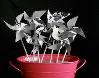 Elegant Silver and black wedding cake toppers Pinwheels 12 Mini Damask Silver Spinnable Pinwheels SALE  (Custom orders welcomed) Pinwheels