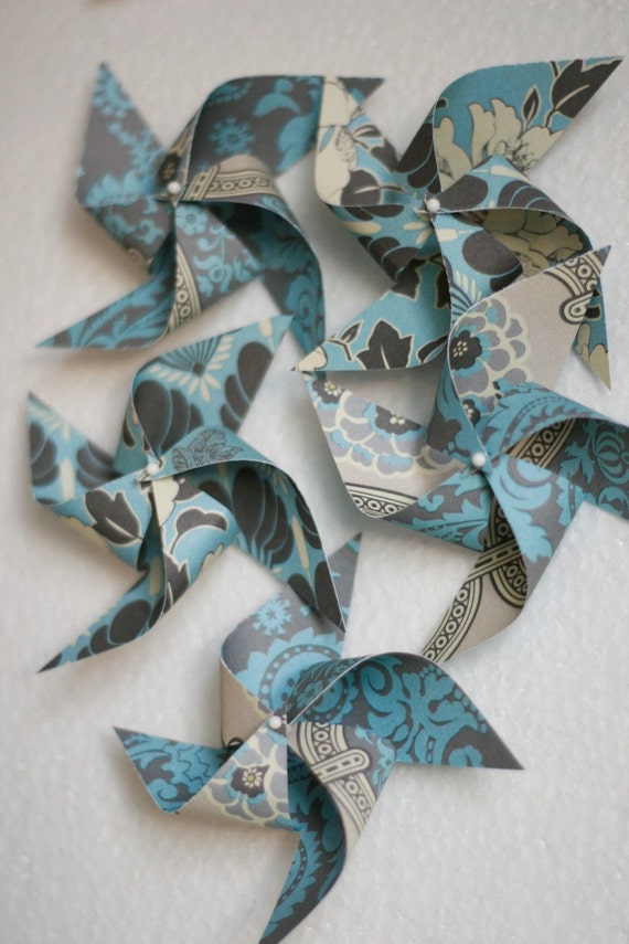 Blue and grey Wedding Favor Pinwheels 12 Mini Pinwheels Blue and Gray Classic Love vintage inspired decorations (custom orders welcomed) Il_570xn