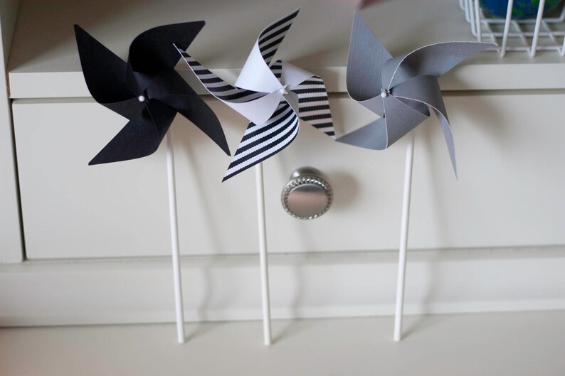 custom orders welcomed Black and White decorations Black White and Grey Wedding Wedding favor paper goods 12 Mini Pinwheels Black Tie