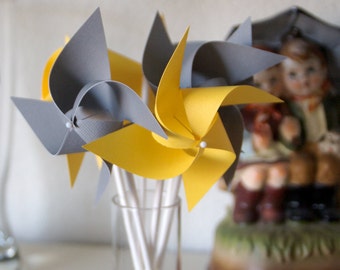 Yellow Wedding favor Birthday favor Yellow and Grey -12 Mini Pinwheels (Custom orders welcomed)
