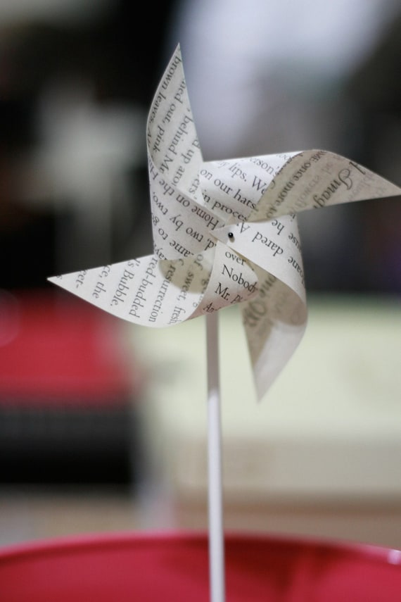 Book Wedding, book page favor book decor 12 Mini Spinnable Pinwheels A Book Tale - Book Party favor Il_570xn