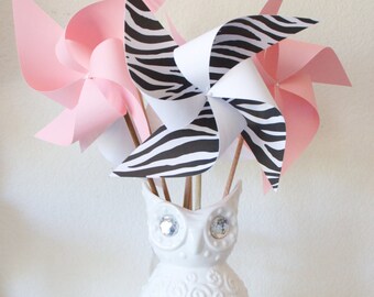 Zebra Print Baby Shower Zebra Print Birthday Zebra Print Party Decorations Baby Pink Carnival Circus Decor Baby Shower - 6 large Pinwheels