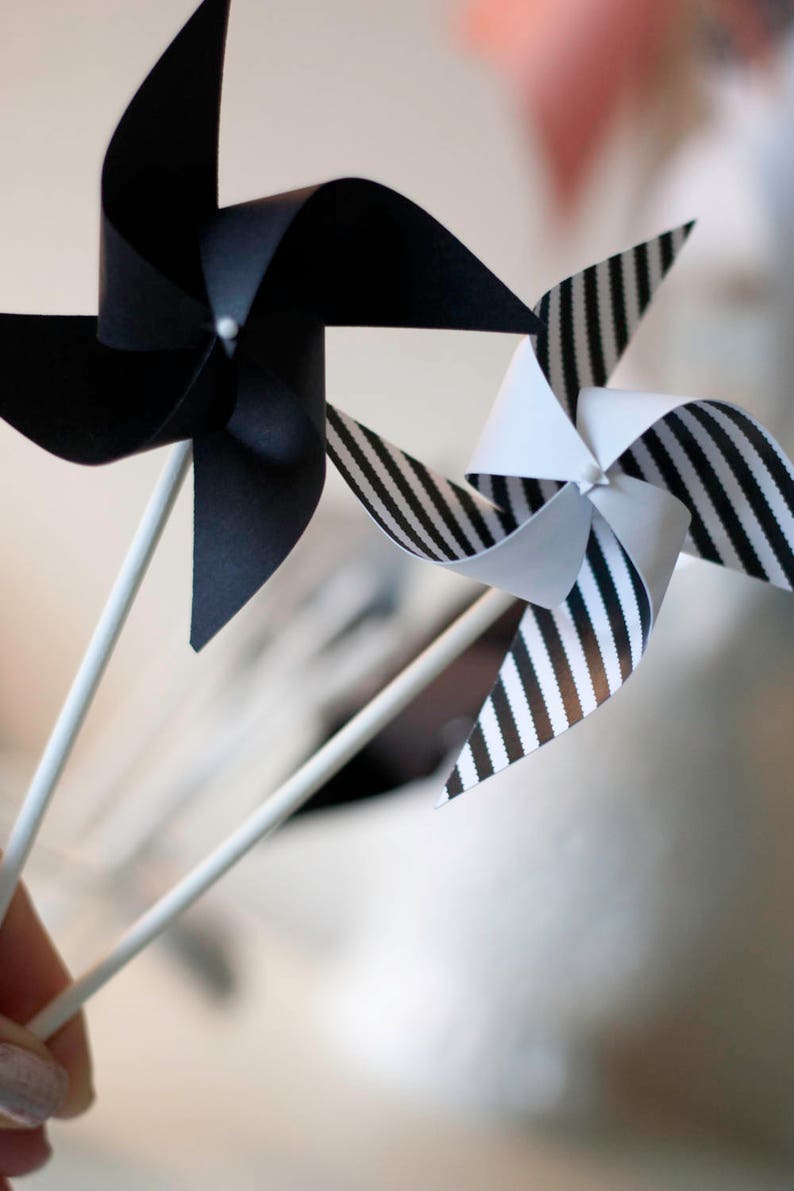 custom orders welcomed Black and White decorations Black White and Grey Wedding Wedding favor paper goods 12 Mini Pinwheels Black Tie