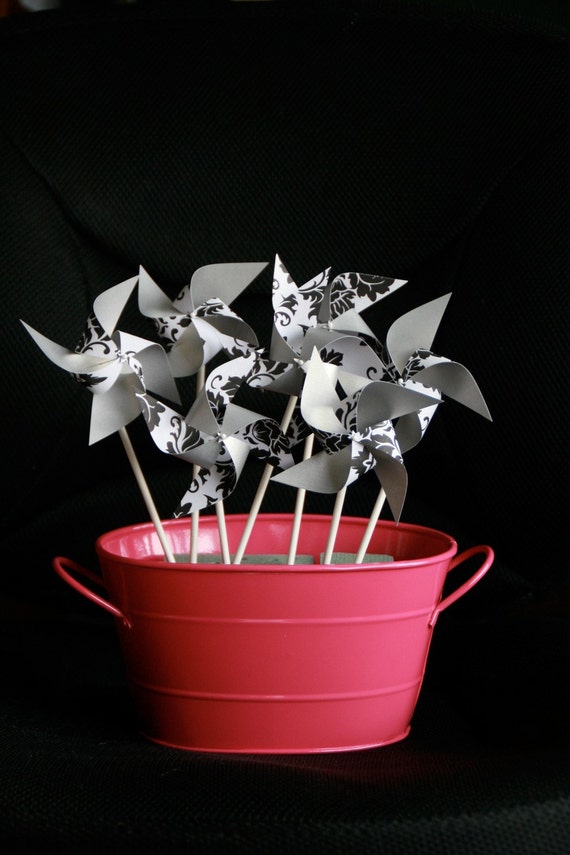 Black and Silver Favors, Silver and Black Wedding Decorations, 12 Mini Damask and Silver Spinnable Pinwheels (Custom orders welcomed) Il_570xn