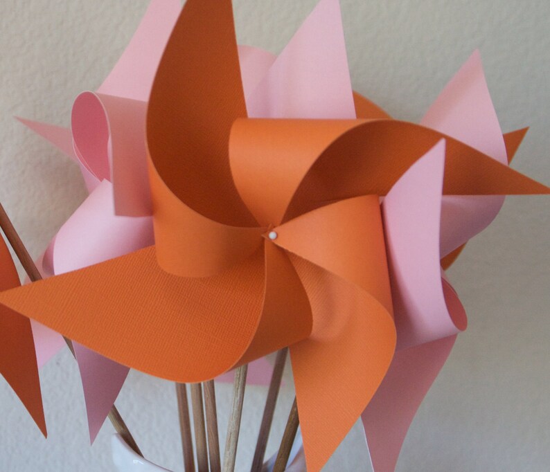 Orange and Pink Decor Baby Shower Favors Wedding Favors Decor Birthday Favors 6 regular Paper Pinwheels image 2