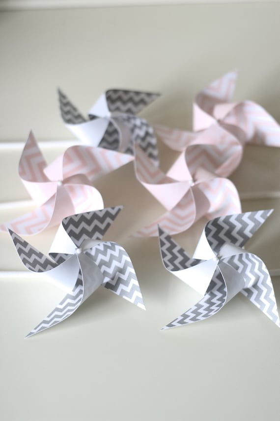 Grey and Pink Chevron party decorations Adorable Pinwheels! Gray and Pink Wedding Favors Decor Birthday Favors - 6 regular Paper Pinwheels Il_570xn