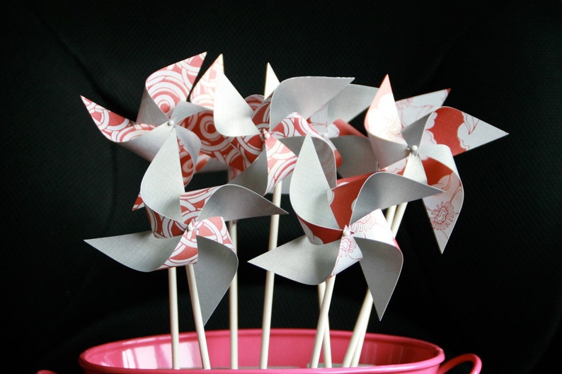 Send a Gift, Escort Card Pinwheels Red and Silver Pinwheels 12 Mini Modern Love Custom orders welcomed image 3