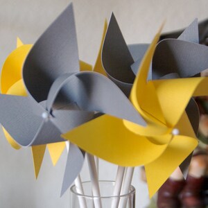 Yellow Wedding favor Birthday favor Yellow and Grey 12 Mini Pinwheels Custom orders welcomed image 3
