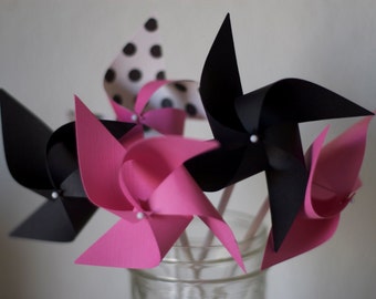 Escort cards Favor Hot Pink and Black Polka Dot and Stipes Pinwheels Wedding Favor 12 Mini Spinnable Pinwheels (custom orders welcomed)