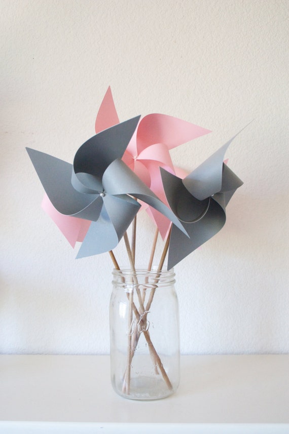 Send a Gift Grey and pink party, Wedding favor Birthday favors Grey and pink Wedding Decorations First Birthday Party - 6 regular Pinwheels Il_570xn