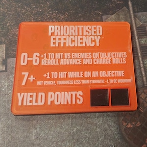 Peut inclure: Une carte de jeu rectangulaire orange avec du texte blanc. La carte indique "PRIORITISED EFFICIENCY" et "YIELD POINTS". Le texte supplémentaire détaille les mécanismes du jeu, y compris "+1 TO HIT" et "REROLL ADVANCE AND CHARGE ROLLS".