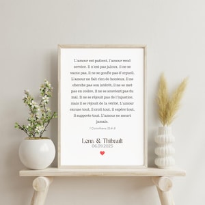 Personalisiertes christliches Hochzeitsposter mit Bibelvers auf Französisch, religiöses Geschenk, digitale christliche Wandkunst zum Ausdrucken