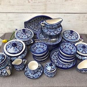 Handmade Hebron & Multani Blue Pottery Dinnerware Tea Set - Floral Vintage Style