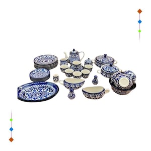 Handcrafted Multani Blue Pottery Dinner Set for 6 – 43-Piece Ceramic Tableware, Handpainted, Microwave & Dishwasher Safe