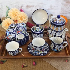 Handmade Tranquility Blue Ceramic Tea Set for 6 – Palestinian Hebron & Multani Blue Pottery, Handpainted Teaware, Antique Floral Style