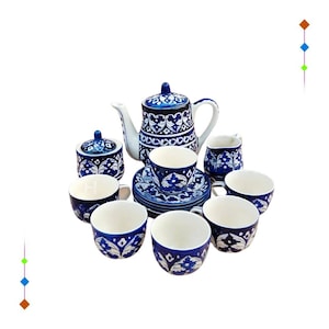 Handcrafted Traditional Blue Pottery Tea Set for 2, 4, 6, or 8 – Palestinian Hebron and Multani Ceramic Teaware, Microwave & Dishwasher Safe