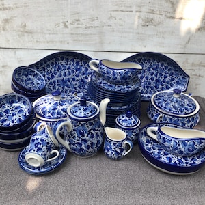 Handmade Blue Pattern Ceramic Dinnerware and Tea Set for 8 – Palestinian Hebron & Multani Blue Pottery, Handpainted Floral Vintage Style
