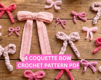 4 patrones fáciles de lazos de crochet (PDF) / Lazo para el cabello con estilo coqueto / Aplique de cinta estilo cottagecore / Accesorio para el cabello y dije para bolso DIY para principiantes
