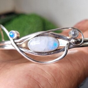 Rainbow Moonstone Cuff Bangle: Handmade 925 Sterling Silver Adjustable Jewelry