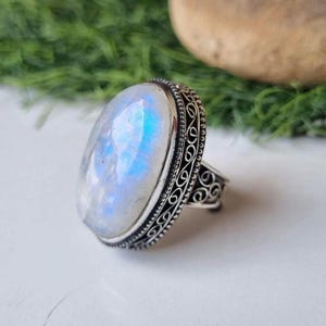 Oval Rainbow Moonstone Ring: 925 Sterling Silver Statement Jewelry