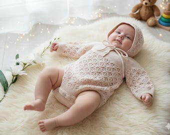 Knitted Baby Romper and Bonnet Set - Baby Outfit - Newborn Photo Prop - For 3-6 month