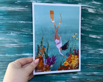 Ocean Girl Scuba Diving A5 Print | Snorkelling Illustration