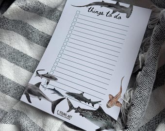 Shark Design To Do List Notepad A5 50 page | ocean themed illustration art stationary, organisation, memo pad, school supplies