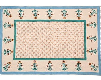Hand Block Printed Cotton Area Rug, Multicolor Boho Indian Carpet